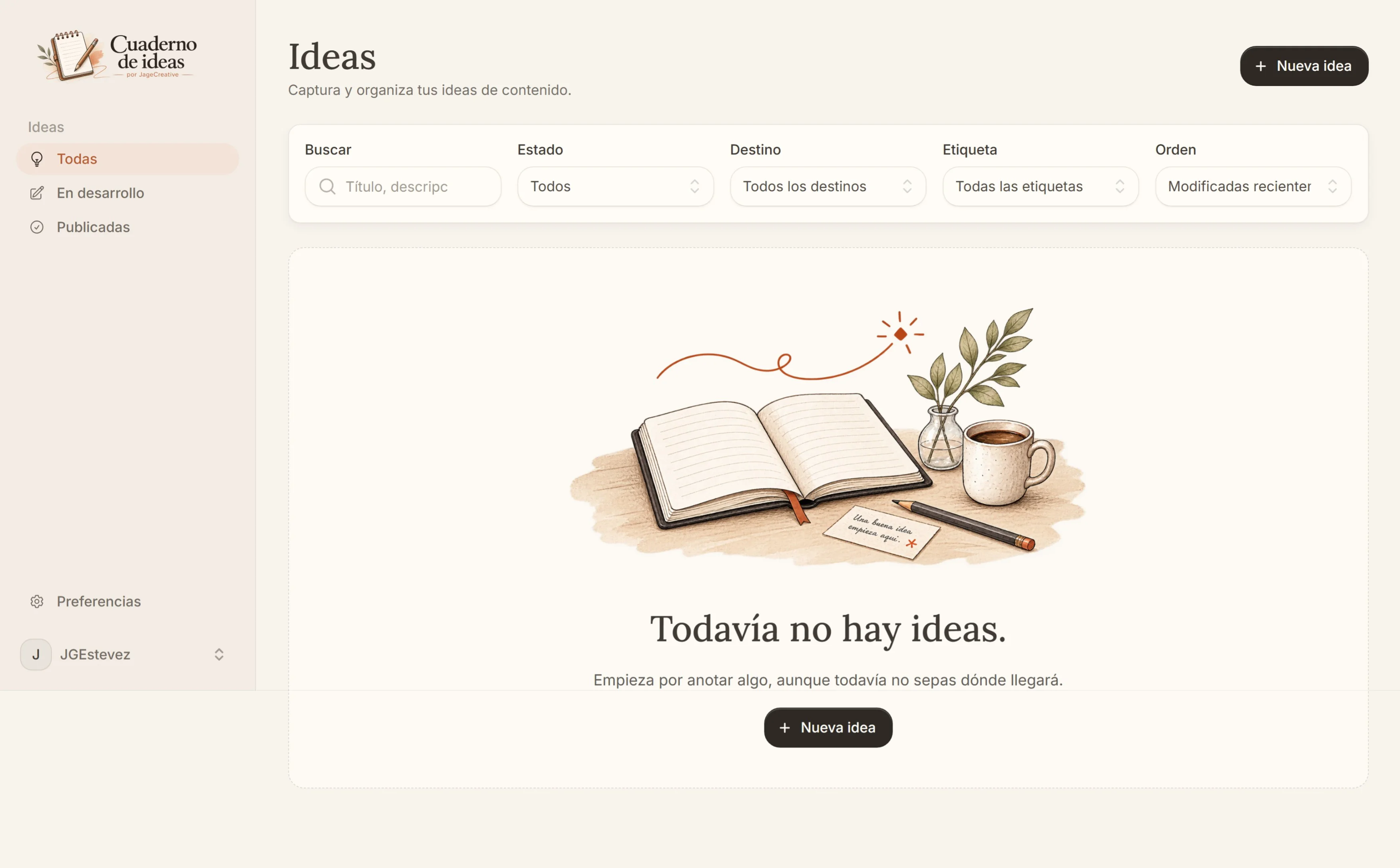 Pantalla principal de Cuaderno de ideas con filtros y organización por estados