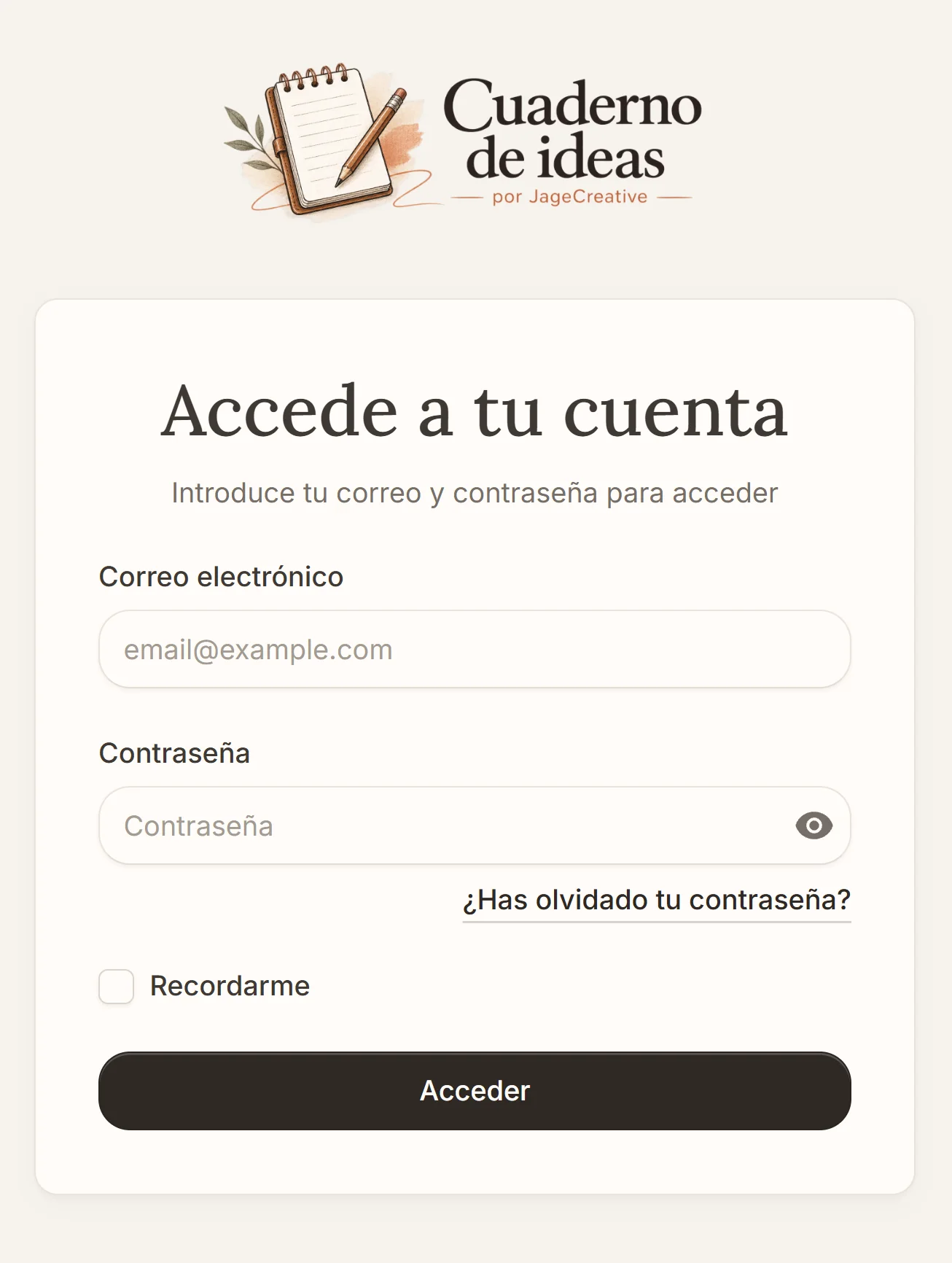 Pantalla de acceso a Cuaderno de ideas