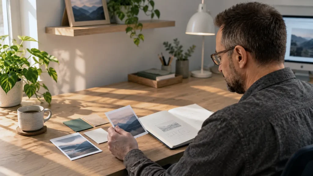 Hombre sentado de espaldas en un estudio creativo, observando fotografías y materiales de diseño sobre una mesa de madera iluminada por luz natural.