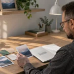 Hombre sentado de espaldas en un estudio creativo, observando fotografías y materiales de diseño sobre una mesa de madera iluminada por luz natural.