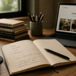Escritorio de madera iluminado con luz natural, con un cuaderno abierto, una taza de café, varios libros y un portátil que muestra el Cuaderno digital de JageCreative.