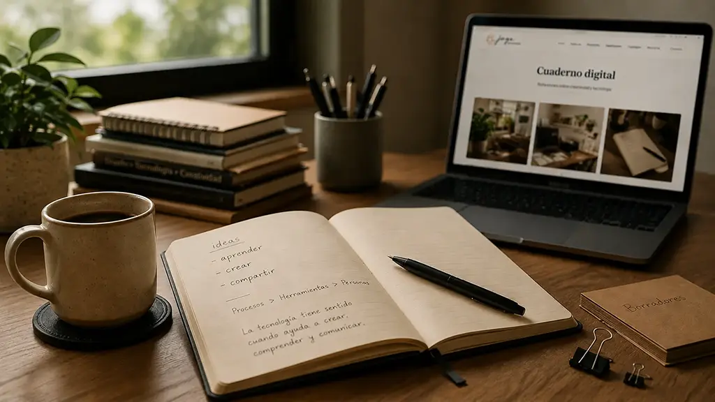 Escritorio de madera iluminado con luz natural, con un cuaderno abierto, una taza de café, varios libros y un portátil que muestra el Cuaderno digital de JageCreative.