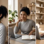 Collage de una mujer trabajando con un portátil en casa y posando junto a una ventana